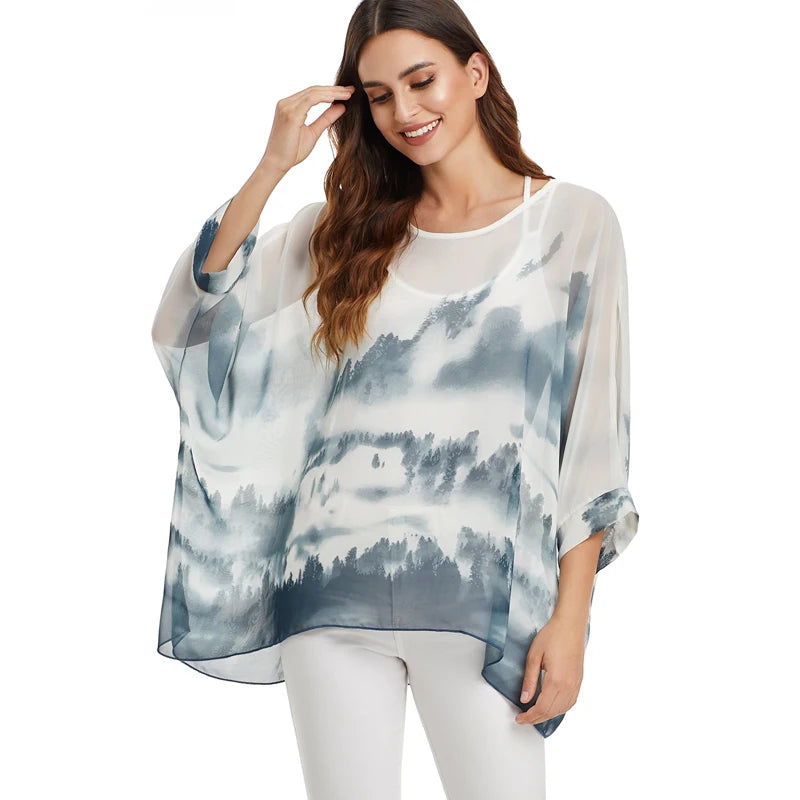 BHflutter White Blouse Shirt Women Fashion Batwing Casual Summer Tops Tees Ladies Print Chiffon Blouses Streetwear Plus Size